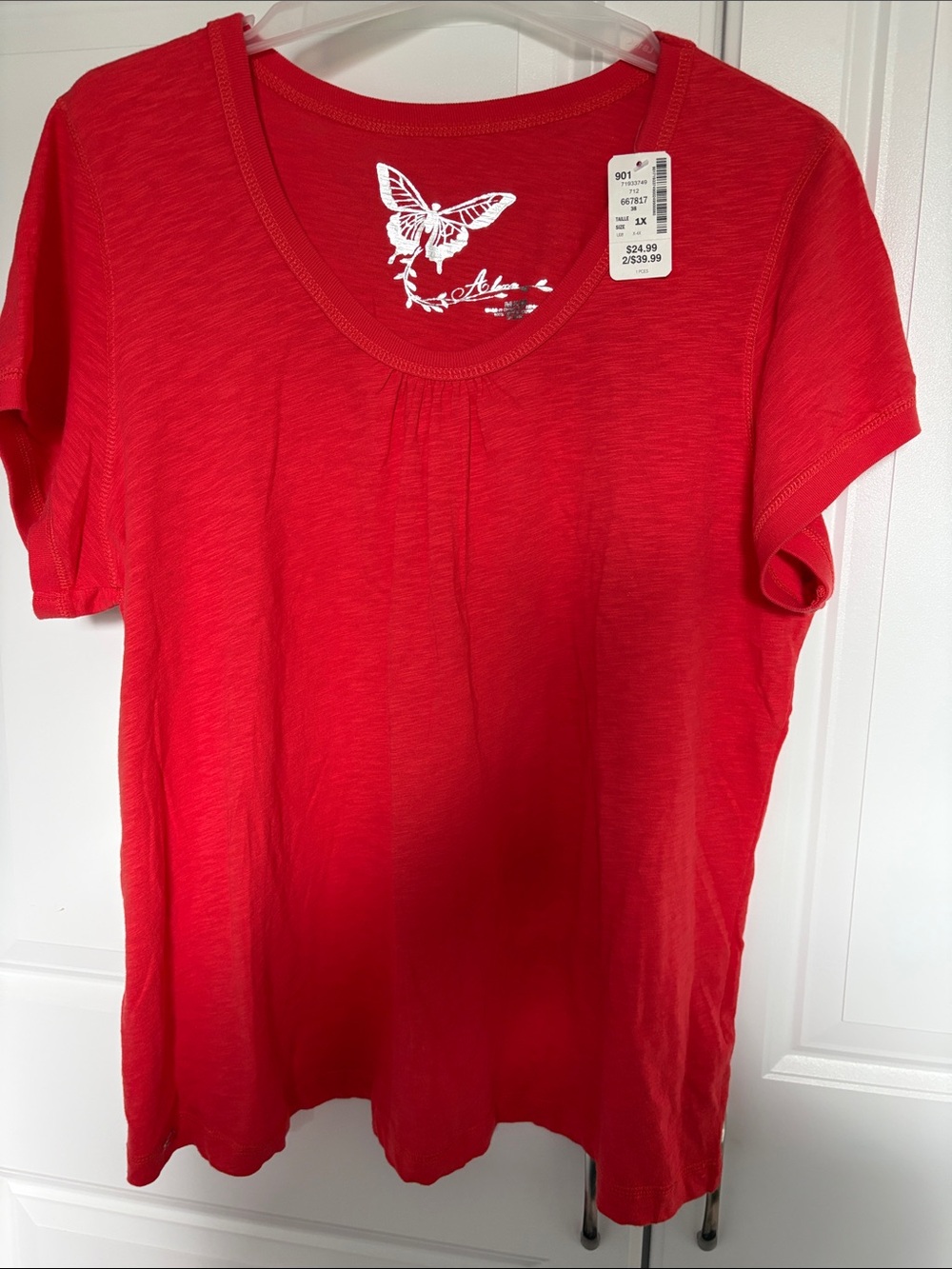 MXM Red Short-Sleeve Scoop Neck Tee with Butterfly Detail